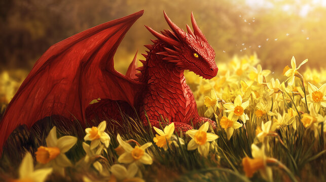 Celebrate Saint David's Day in Wales: Red Welsh Dragon Among Yellow Daffodils, Perfect Banner Design with Space for Your Message - Powered by Adobe