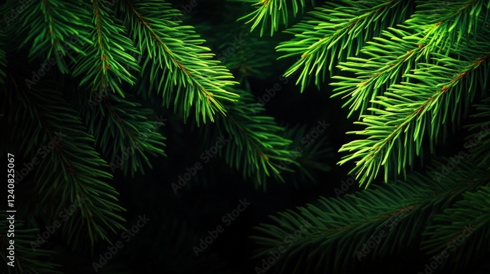 Poster lush green pine needles with soft light illuminating between branches in a dark background creating 