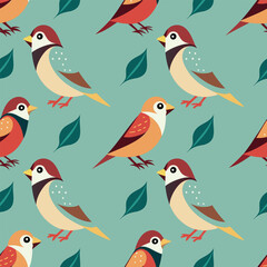  Sparrow birds vector seamless pattern brown green yellow colors