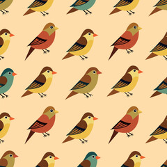  Brown sparrow birds vector seamless pattern green red yellow colors surface design