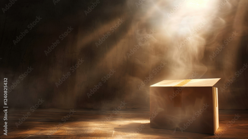 Poster light beams illuminate open box, creating mysterious atmosphere with smoke swirling around. scene ev