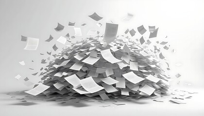 A dynamic scene of floating white papers with printed text, scattered mid-air against a pristine white backdrop, symbolizing paperwork overload and stress. 3D Rendering.
