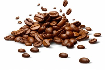 Naklejka premium Isolated Falling Coffee Beans on a White Background with a Variety of Shapes and Sizes Highlighting Their Rich Brown Color and Textures