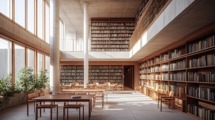 Fototapeta premium Bright and airy modern library with organized shelves, communal study tables, and private reading nooks