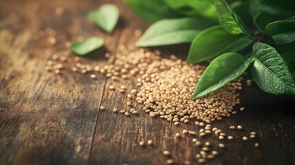 Artistic Exploration of Sesame Seeds and Fresh Leaves on a Rustic Wooden Tabletop Capturing Balance