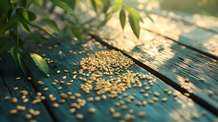 Artistic Exploration of Sesame Seeds and Fresh Leaves on a Rustic Wooden Tabletop Capturing Balance