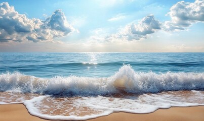 Fototapeta premium Ocean Waves Crashing on Sandy Shore Under a Sunny Sky