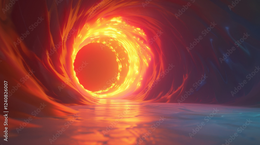 Poster vibrant tunnel with glowing orange light, creating surreal atmosphere. swirling patterns and reflect