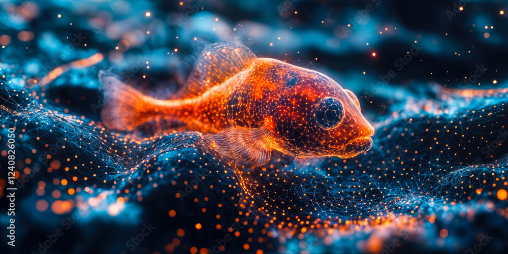Poster ai-generated digital fish with abstract neural network highlighting complexity and randomness