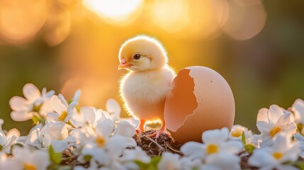 Newborn chick emerging from eggshell surrounded by flowers in a warm, glowing environment