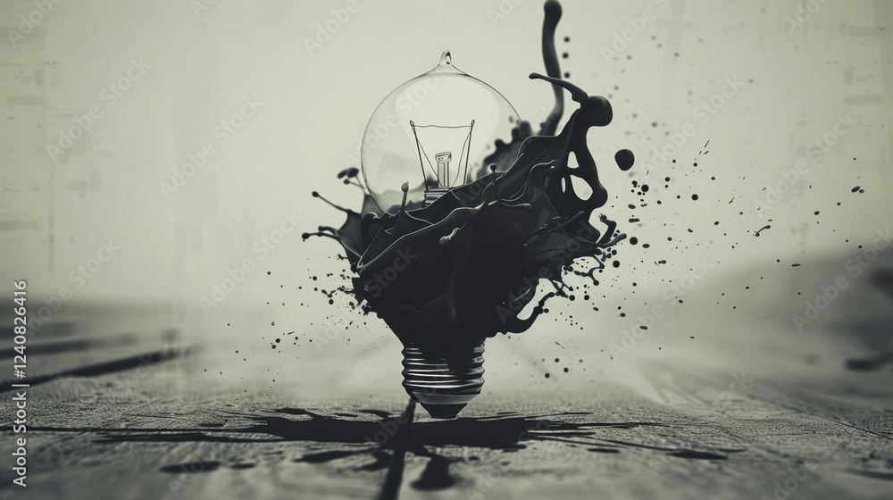Poster light bulb surrounded by black paint splashes, creating artistic effect. image conveys creativity an