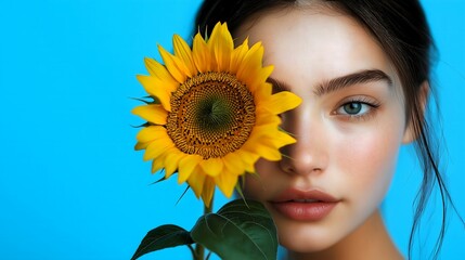 The blue-eyed, black hair model holding a sunflower over her right eye on a bright blue background on the right side. Spring, fresh, agriculture, copy space concept.