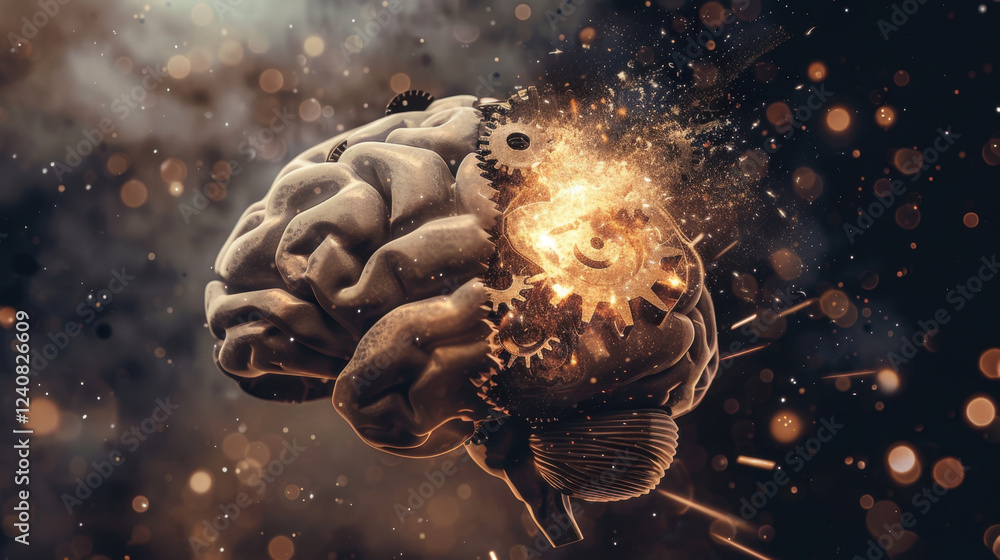 Poster creative representation of brain with gears and sparks, symbolizing innovation and intelligence. ima