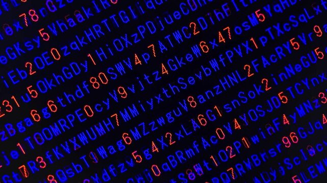 コンピュータ空間のランダムな文字列・さまざまな文字を含むデータベース・エンコードされたプログラム内のデータセット・数学的計算・英数字・横長・ビデオ
