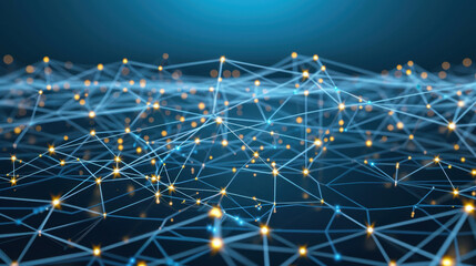 digital network of interconnected lines and glowing nodes, representing technology and data flow. blue background enhances futuristic feel
