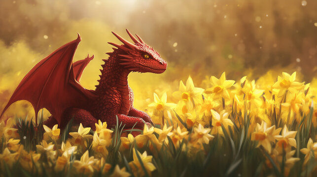 Saint David's Day Holiday celebrated in Wales, Red Welsh dragon in yellow daffodil flowers illustration, banner with space for text