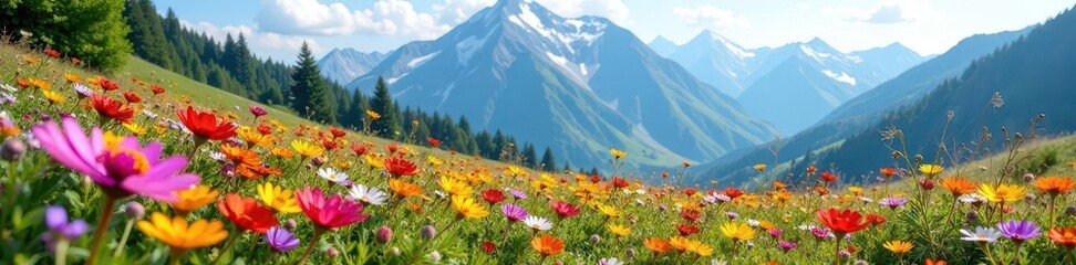 Vibrant wildflowers, majestic mountain backdrop,  vista,  panoramic,  colorful