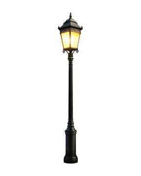 Black Vintage Street Lamp with Warm Light on Transparent Background