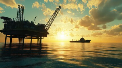 Obraz premium Oil rig silhouetted against a vibrant sunset, with a distant ship on calm waters, evoking industry