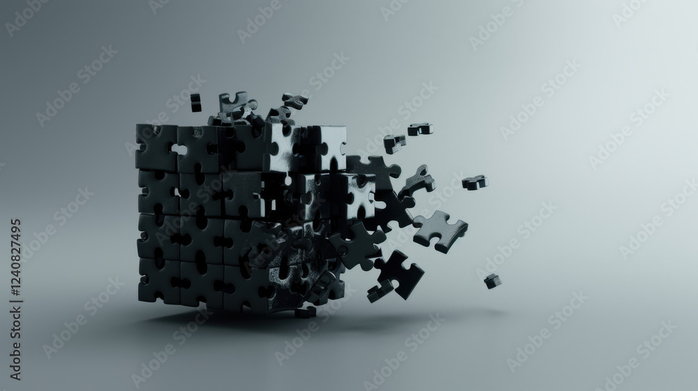 Poster 3d rendering of black puzzle cube disassembling, with pieces flying outward, creating sense of motio