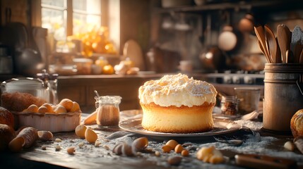 A Charming Rustic Kitchen Scene Featuring a Luscious Dessert SoufflÃ Rising to Perfection