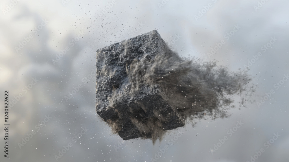 Poster floating cube made of textured material surrounded by dust and particles, creating surreal atmospher