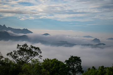 Scenic layered mountain with vibrant green foliage in the foreground transitioning to hazy blue peaks in the distance, capturing the beauty of the blue ridge mountains.