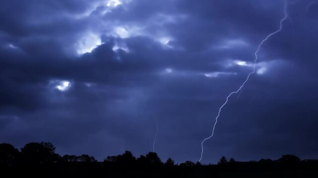 Dramatic lightning storm illuminating dark cloudy night sky