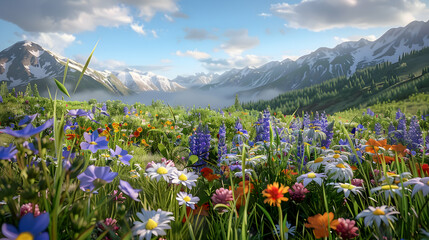 Vibrant spring meadow filled with diverse wildflowers, mountains in the background under a clear sky