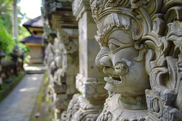 Traditional balinese stone carving guarding a temple in ubud, bali, indonesia