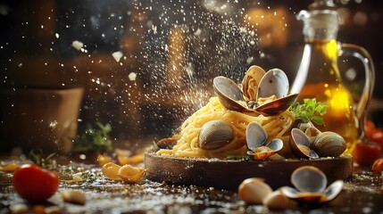 An Artistic Visual of Linguine alle Vongole with Vibrant Italian Ingredients on a Rustic Table