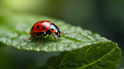 Macro, red ladybug on green leaves, Animal, nature life.