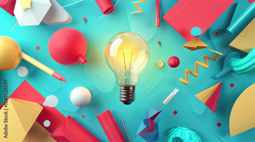 Aufkleber bright light bulb surrounded by colorful geometric shapes and objects, creating vibrant and creative