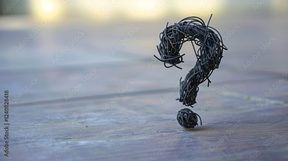 Poster creative representation of question mark made from twisted wire, symbolizing curiosity and inquiry. 