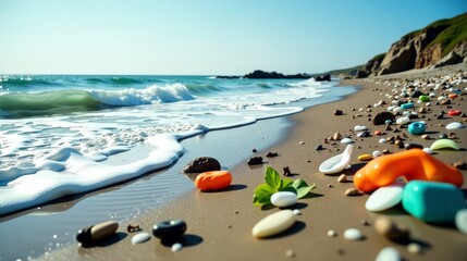 Obraz premium Coastal Pollution: Plastic Debris and Trash Impacting Beach and Ocean Health