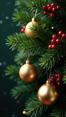 A fir branch adorned with golden ornaments, glass balls, and red berries, fir branch, golden ornaments