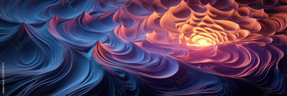 Poster captivating mystical 3d fractal art with wavy patterns and fiery core in a stunning color palette of