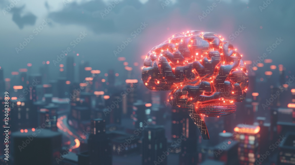 Poster futuristic cityscape with glowing digital brain symbolizing artificial intelligence and technology. 