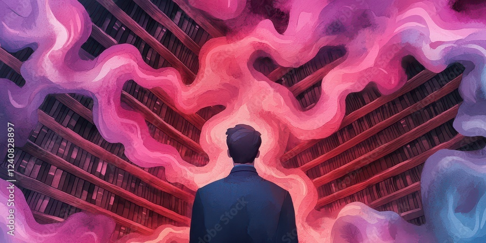 Poster surreal scene of a person in a vibrant library surrounded by colorful clouds.