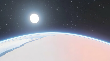 Fototapeta premium Planet's Horizon with Bright Celestial Body, Shining above Earth's Atmosphere, Showing a Stunning View of the Distant Starry Sky