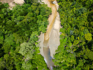 Birds eye view of a jungle river surrounded by lush, dense tropical rainforest