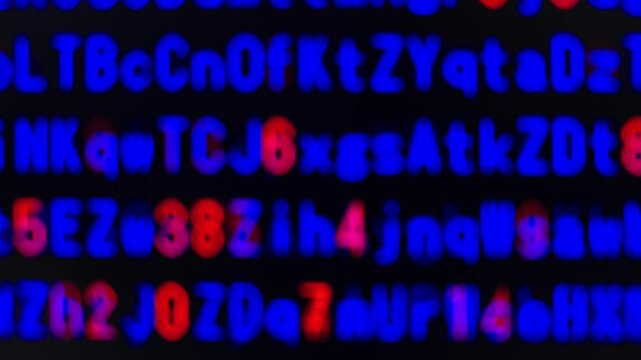ピンボケ・コンピュータ空間のランダムな文字列・さまざまな文字を含むデータベース・エンコードされたプログラム内のデータセット・数学的計算・英数字・横長・ビデオ
