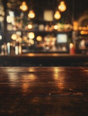 Dark Wooden Table in Warmly Lit Bar Setting