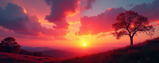 Blazing orange and pink sunset hues paint the summer sky, heat, atmosphere, background