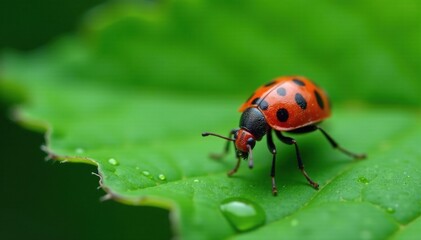 Fototapeta premium Aphid on a green leaf with tiny droplets of dew, nature, botanicals