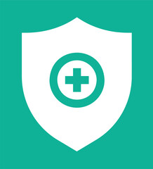 Obraz premium Medical health protection shield with cross. Healthcare medicine protected abstract guard shield concept. Health, medical and life insurance service. Turquoise realistic vector. Medical shield symbol.