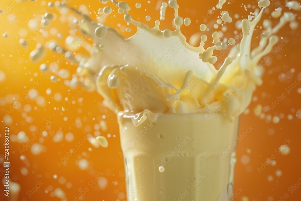 Poster banana slice falling into a glass of milkshake, creating a splash on an orange background
