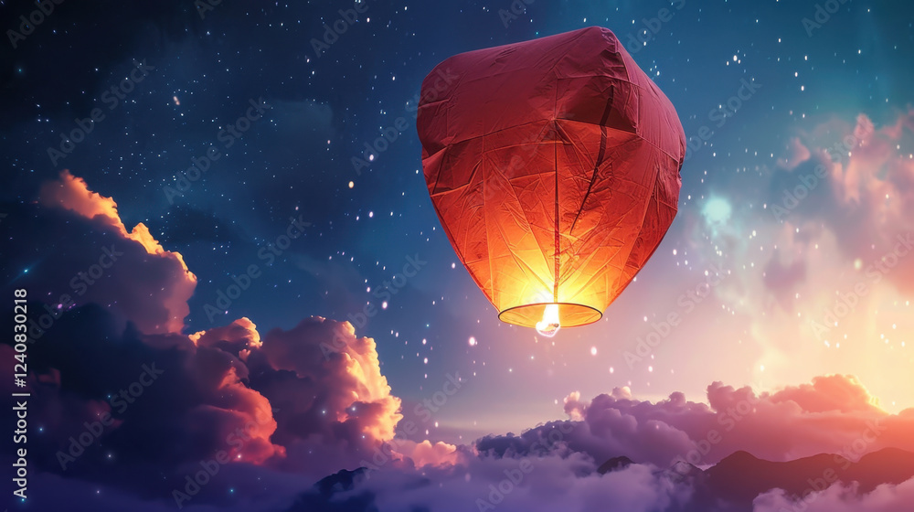 Poster glowing red lantern floats in starry sky, surrounded by colorful clouds, creating magical and serene
