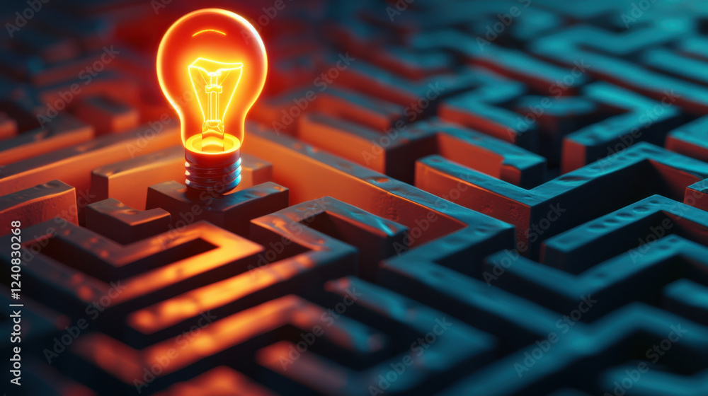 Poster glowing light bulb sits atop maze, symbolizing ideas and solutions. intricate pathways create sense 