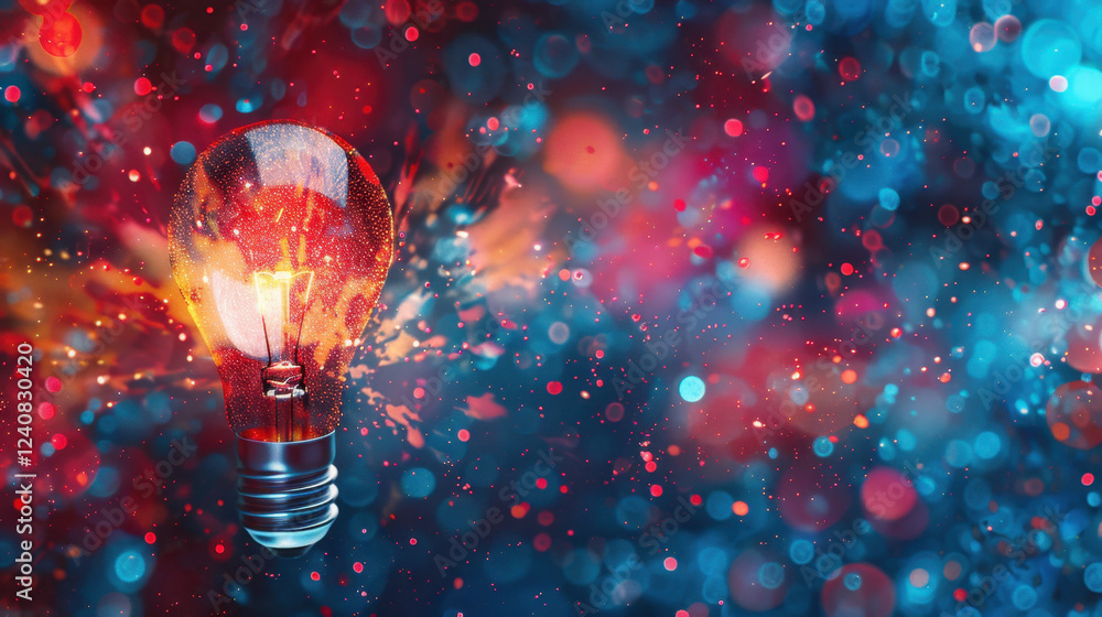 Poster colorful light bulb glowing with vibrant sparks and bokeh effects, creating dynamic and energetic at